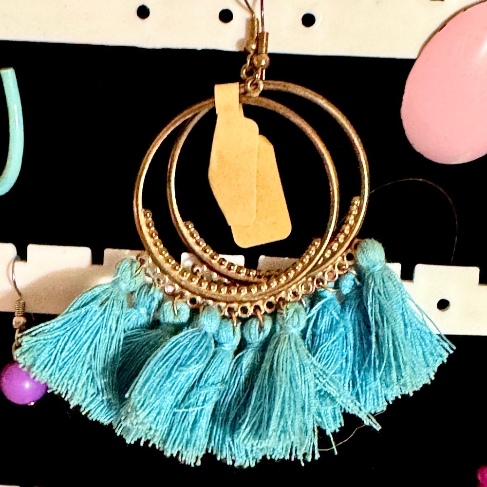 BohemianGold and Blue Textured Hoop Earrings with Tassels